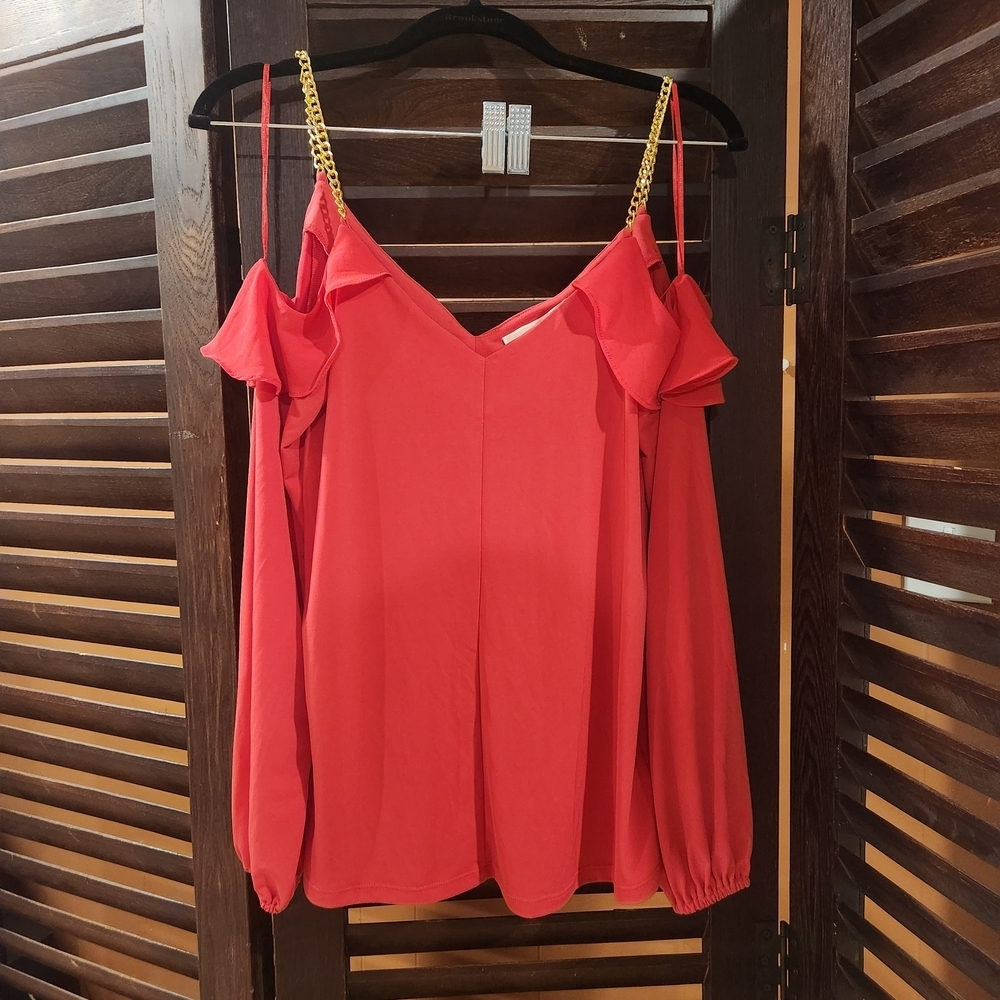 Michael Kors Vibrant Red Blouse with Gold Chain Straps